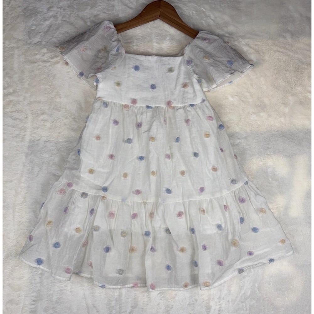 Zara Girls Toddler White Dress Sz 4 Adorned w Colorful 3D Pom-pom Flowers Summer